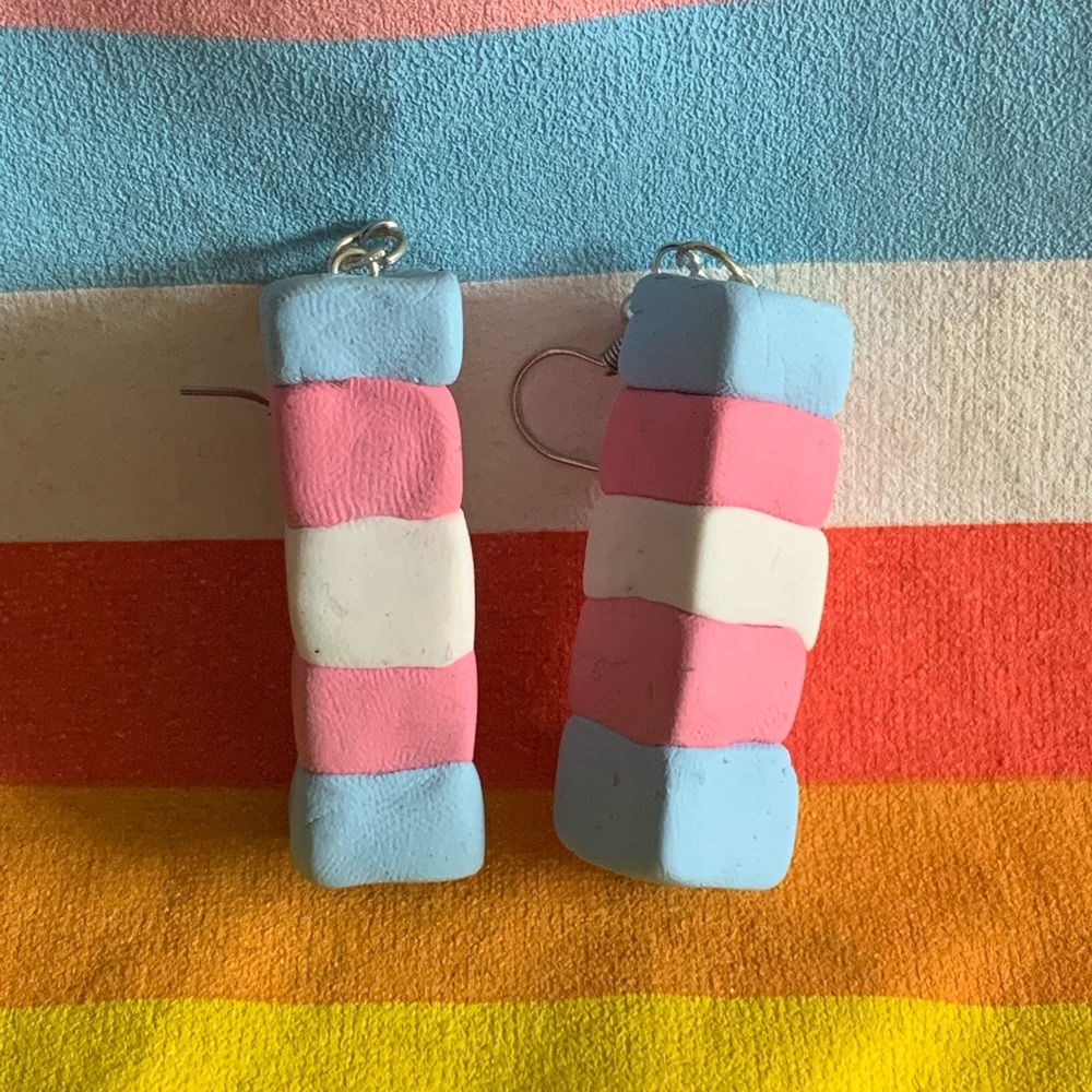 Handmade trans flag clay earrings